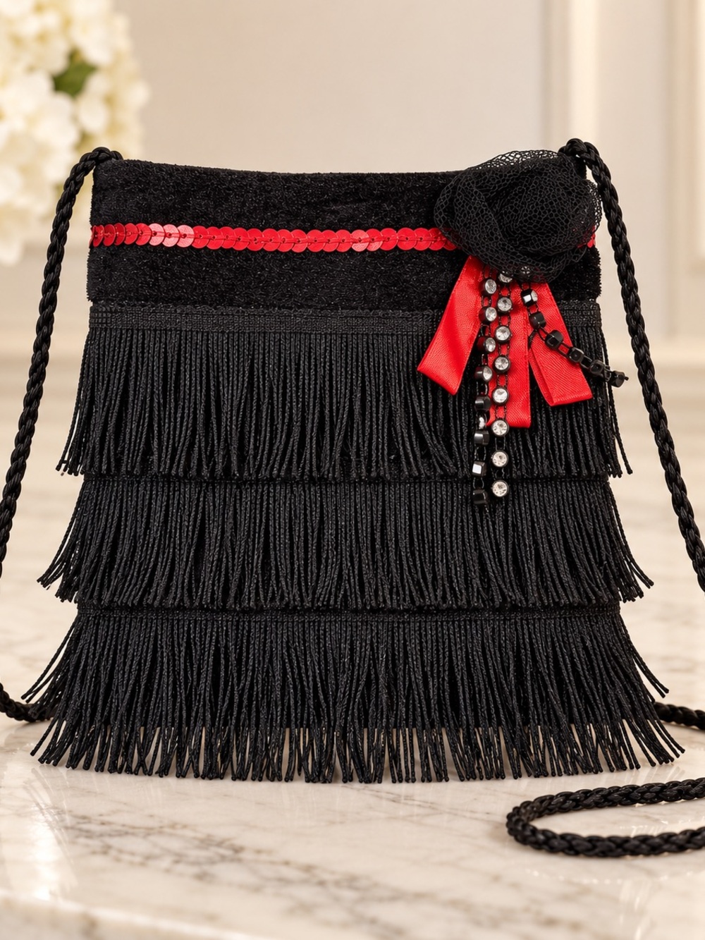 Black Fringe costume Crossbody flapper Bag with Red Accents